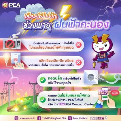 ภาพข่าว การไฟฟ้าส่วนภูมิภาค PEA เตือนภัยจากการใช้ไฟฟ้ากรณีเกิดพายุฝน - TIGER NEWS REPORT