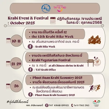 การท่องเที่ยวแห่งประเทศไทย สำนักงานกระบี่ เตรียมจัดกิจกรรมตลอดเดือนตุลาคม ๒๕๖๘ ส่งเสริมภาคการท่องเที่ยวและกระตุ้นเศรษฐกิจหมุนเวียน