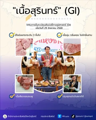 เนื้อสุรินทร์ ได้รับการขึ้นทะเบียนสิ่งบ่งชี้ทางภูมิศาสตร์ไทย (GI) สร้างชื่อเสียงและเพิ่มมูลค่าเกษตรกรผู้เลี้ยงโคขุนสุรินทร์