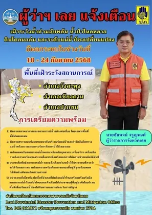 ผู้ว่าราชการจังหวัดเลย กำชับทุกอำเภอเฝ้าระวังน้ำหลาก–น้ำท่วมฉับพลัน ระหว่างวันที่ ๑๘–๒๔ กันยายน ๒๕๖๘