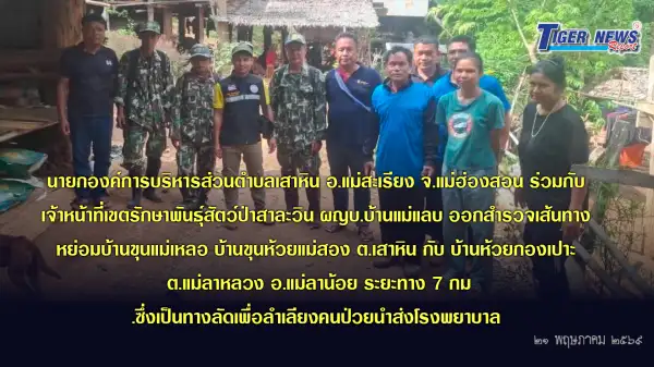 ภาพข่าว นายกองค์การบริหารส่วนตำบลเสาหิน อ.แม่สะเรียง จ.แม่ฮ่องสอน ร่วมกับ เจ้าหน้าที่เขตรักษาพันธุ์สัตว์ป่าสาละวิน ผญบ.บ้านแม่แลบ ออกสำรวจเส้นทาง หย่อมบ้านขุนแม่เหลอ บ้านขุนห้วยแม่สอง ต.เสาหิน กับ บ้านห้วยกองเปาะ ต.แม่ลาหลวง อ.แม่ลาน้อย ระยะทาง 7 กม.ซึ่งเป็นทางลัดเพื่อลำเลียงคนป่วยนำส่งโรงพยาบาล - TIGER NEWS REPORT